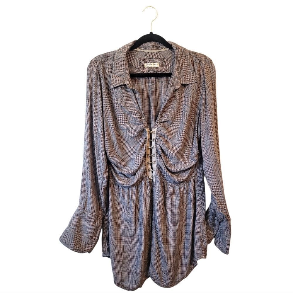 We The Free Plaid Lace-Up Button Down Shirt in Brown and Cream